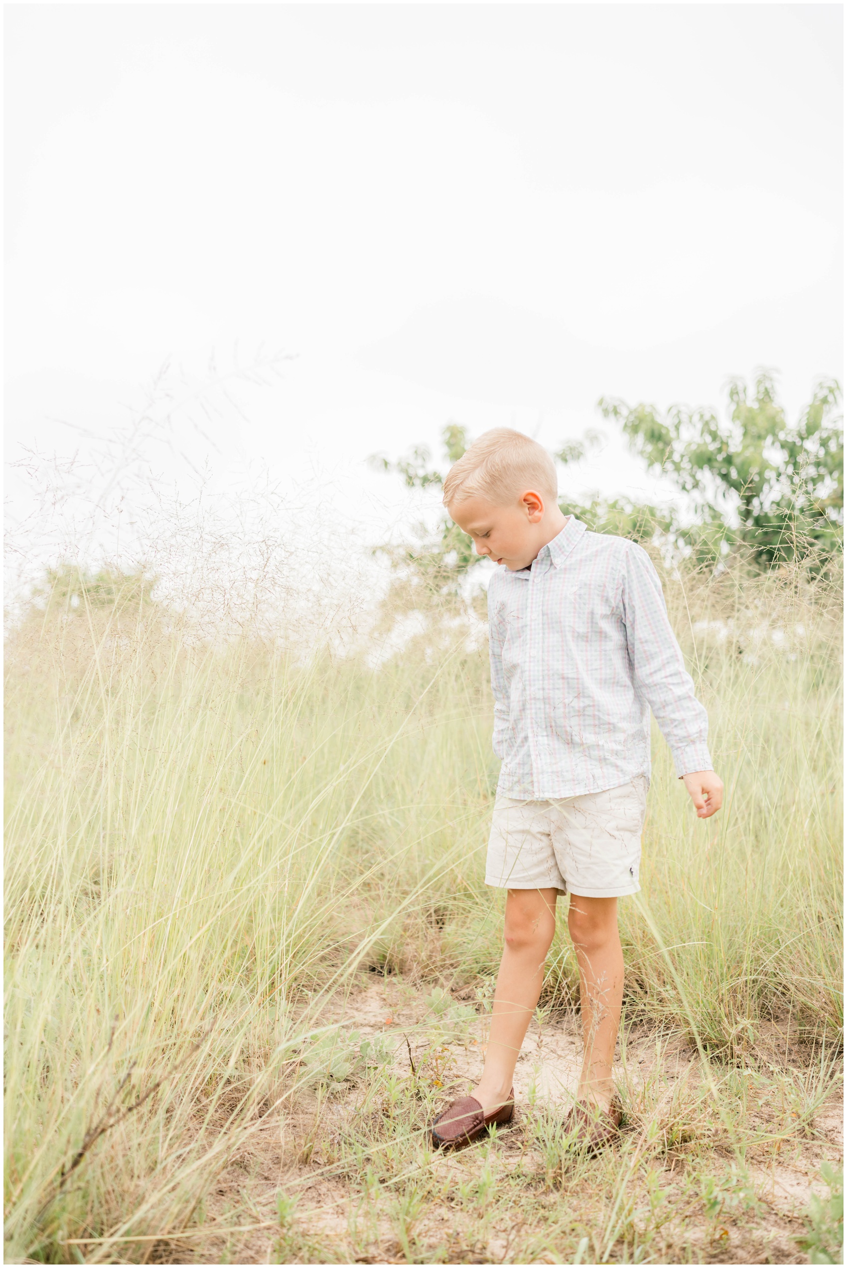 A young boy in a button down shirt explores a field of tall grasses before finding a corn maze in okc